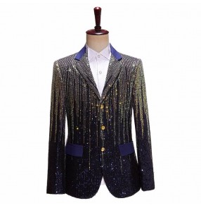 Men's Youth jazz dance coats colorful gradient sequin sparkle panist singers music production blazers three buttons hosting bar shiny catwalk lapel jacket for man